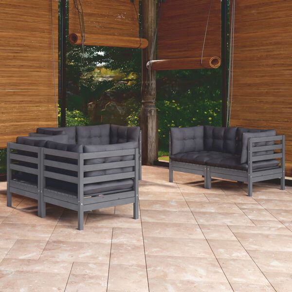 vidaXL Garden Lounge Set Grey Solid pine wood, fabric (100% polyester)