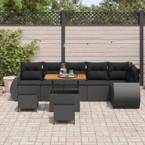 vidaXL Garden Sofa Set with Cushion 9 pcs Black Synthetic: Poly Rattan