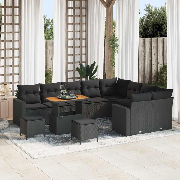 vidaXL Garden Sofa Set with Cushion 13 pcs Black Poly Rattan