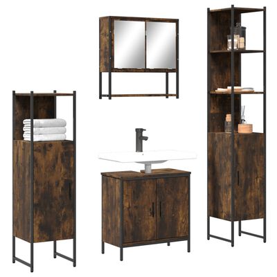 Rustic brown metal and wood bathroom furniture set with tall open cabinet, wall cabinet with mirror, wall shelf, and vanity cabinet with sink.