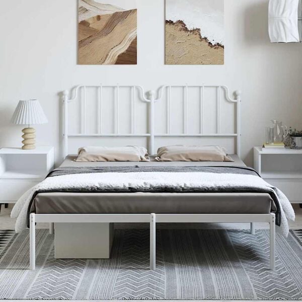 vidaXL Bed Frame White Powder-Coated Steel King Bed Frame Rectangular