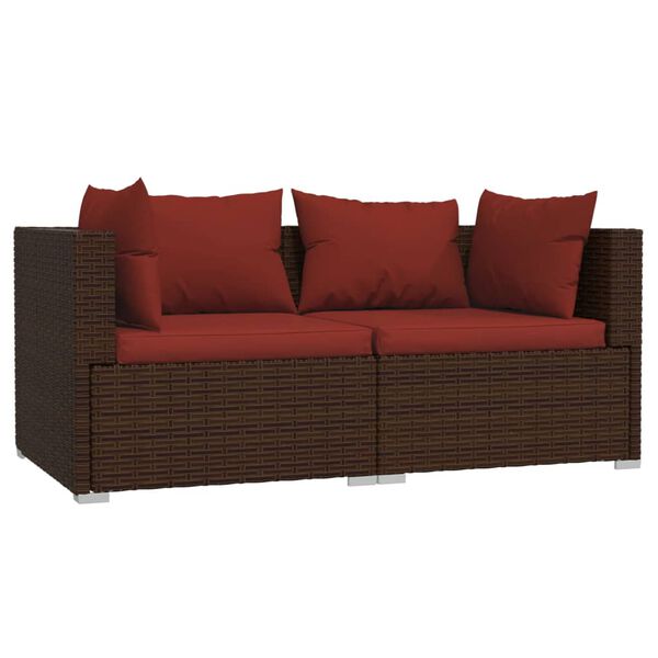 vidaXL 2-seater Sofa Brown Poly Rattan with Cinnamon Red Cushions