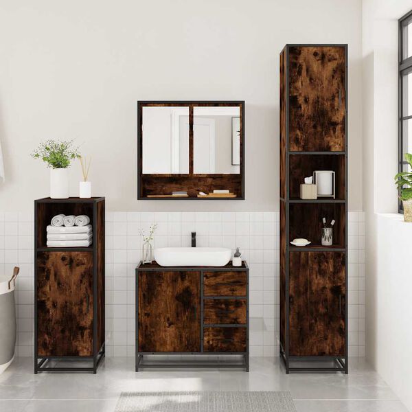 vidaXL Bathroom Furniture Set Smoked Oak Engineered wood, metal, glass