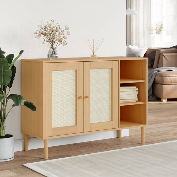 vidaXL Sideboard Brown Solid pine wood, engineered wood, poly rattan
