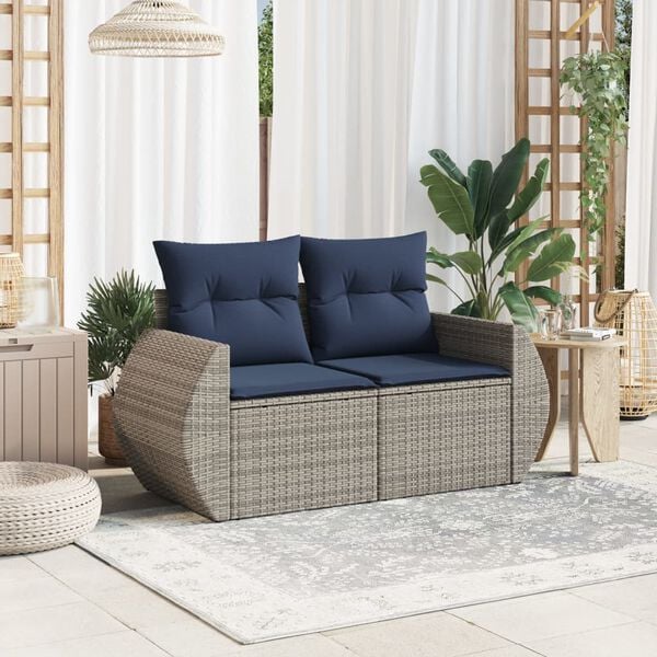 vidaXL Patio Sofa with Cushions 2-Seater Gray Poly Rattan