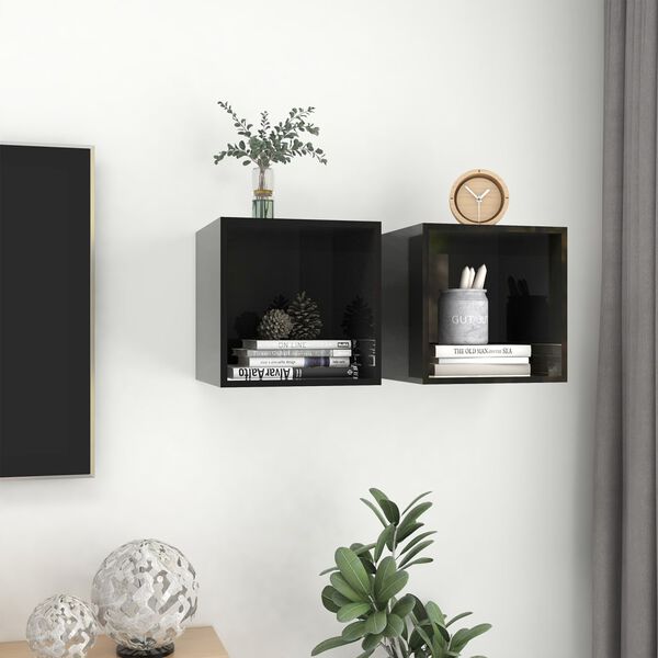 vidaXL Wall Cabinet Set of 2 High gloss black Engineered wood