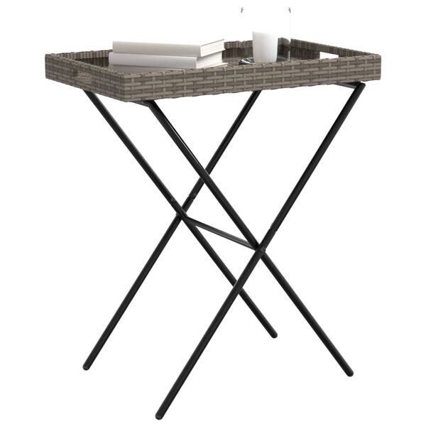 vidaXL Folding Tray Table Grey Flat PE rattan, powder-coated steel, PC board