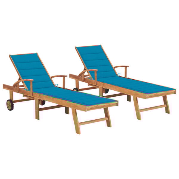 vidaXL Sun Lounger Set of 2 Fine sanded teak wood with blue cushion