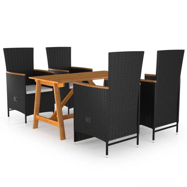 vidaXL Dining Set Black Solid acacia wood, PE rattan, Powder-coated steel