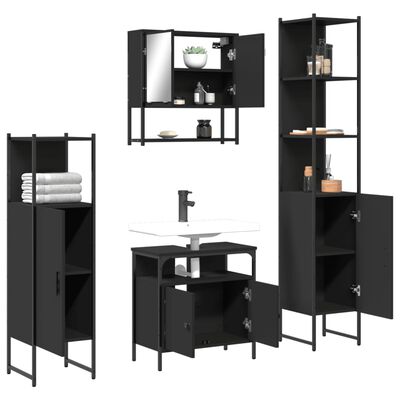 Set of black modular bathroom furniture pieces: tall cabinet, wall cabinet with mirror, sink vanity, and tall pantry cabinet.