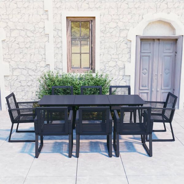 vidaXL Dining Set Black PVC rattan, powder-coated steel, glass 9 Piece Set