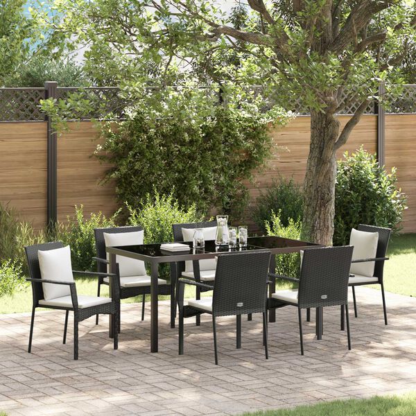 vidaXL Garden Dining Set with Cushion 7 pcs Black Poly Rattan