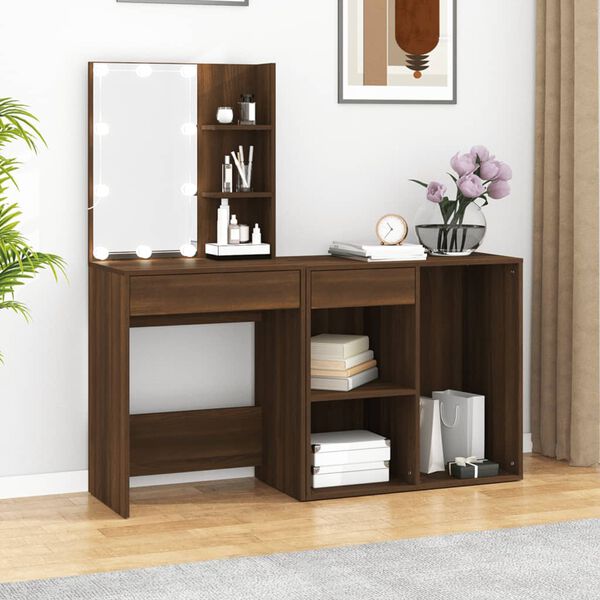 vidaXL LED Dressing Table With Cabinet Brown Oak Engineered Wood