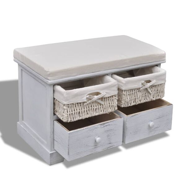 vidaXL Storage Bench White Wood, Cotton, Polyester 24.4 x 13.0 x 16.5 in