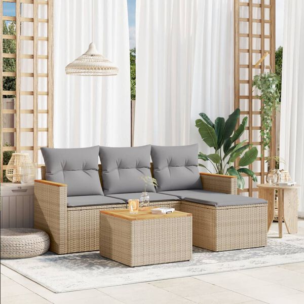vidaXL Garden Sofa Set Beige PE Rattan 5 Piece Set Adjustable Feet