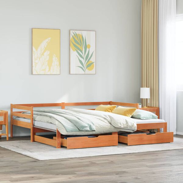 vidaXL Daybed With Trundle Wax Brown Solid Pine Wood