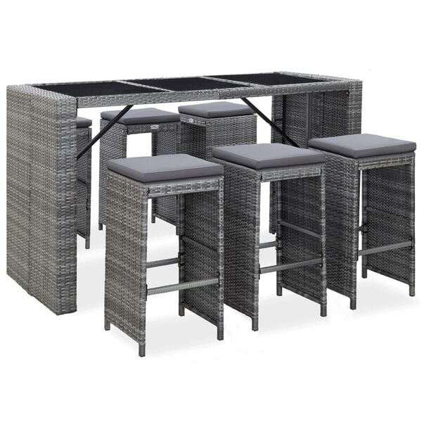 vidaXL Garden Bar Set Grey PE rattan 7 Piece Set Removable Covers