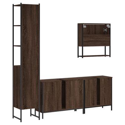 Set showing tall cabinet on left, wall-mounted cabinet on right, and a long low cabinet across bottom; all in dark wood with black metal frame.