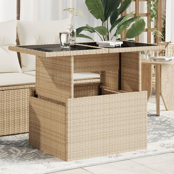 vidaXL Garden Table Beige PE Rattan, Powder-Coated Steel, Tempered Glass