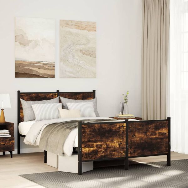 vidaXL Bed Frame Smoked Oak Steel, Engineered Wood Small Double