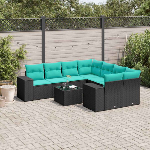 vidaXL 9 Piece Garden Sofa Set with Cushions Black Poly Rattan