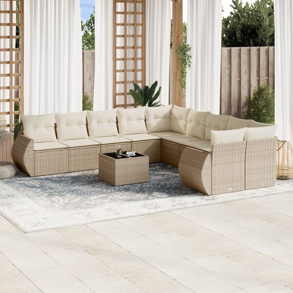 vidaXL Garden Sofa Set Beige PE Rattan, Powder-Coated Steel, Tempered Glass
