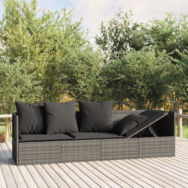 vidaXL Outdoor Lounge Bed Grey Poly rattan, powder-coated steel, fabric