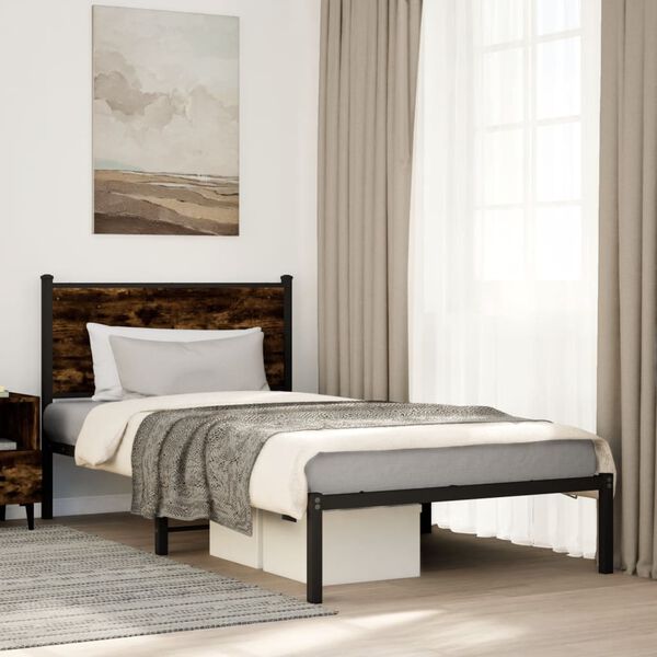 vidaXL Bed Frame Smoked Oak Steel, Engineered Wood Twin Bed Frame