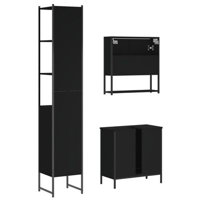 Group of black bathroom storage units including tall cabinet, wall-mounted shelf, and two base cabinets