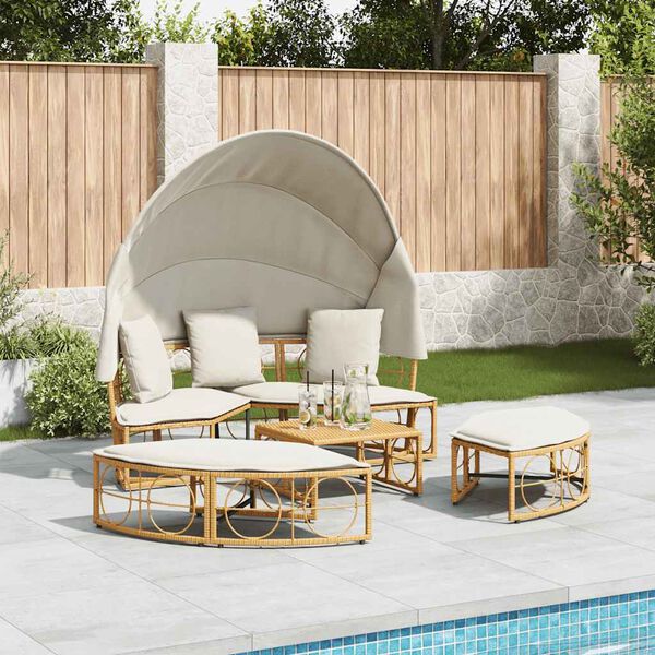 vidaXL Patio Lounge Bed with Canopy and Cushions Poly Rattan