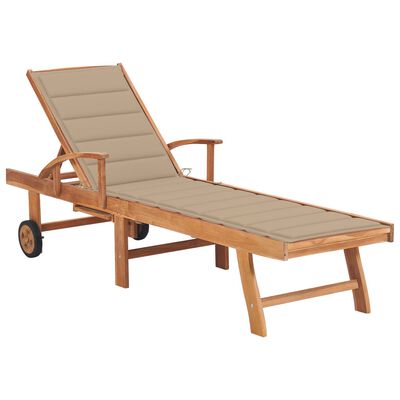 vidaXL Sun Lounger with Beige Cushion Solid Teak Wood
