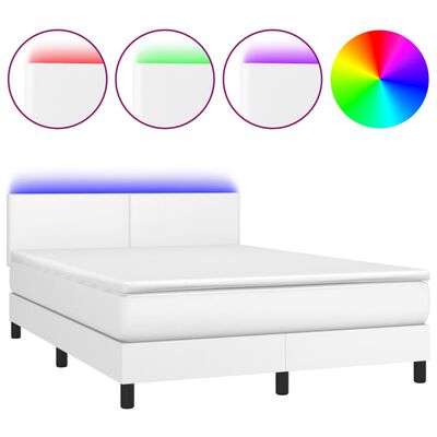 vidaXL Box Spring Bed with Mattress&LED White Full Faux Leather