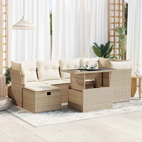 vidaXL Garden Sofa Set Beige PE rattan, powder-coated steel, tempered glass