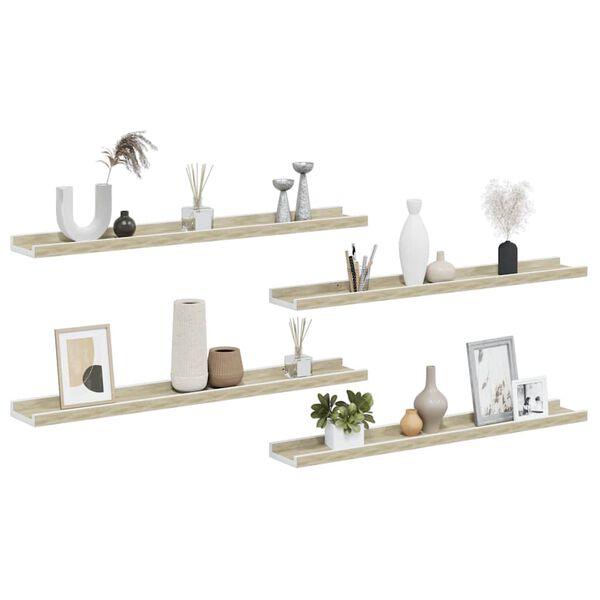 vidaXL Wall Shelf Set of 4 White and Sonoma Oak MDF Medium