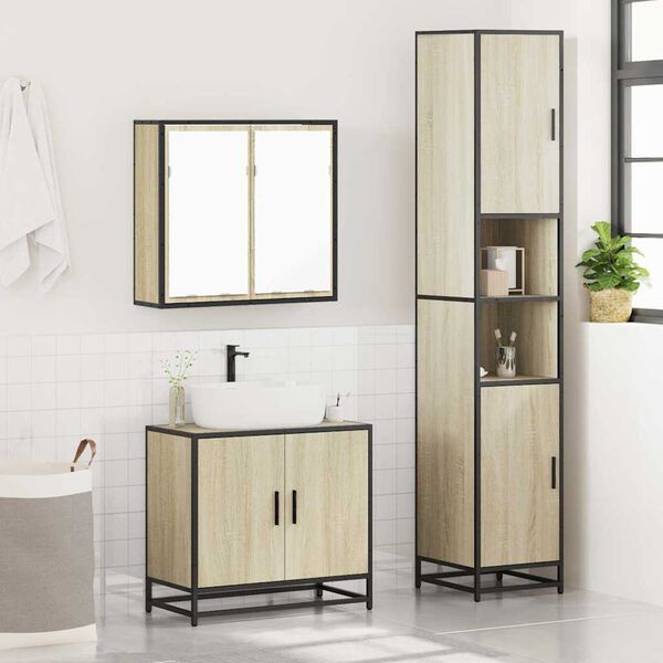 vidaXL Bathroom Furniture Set Sonoma Oak Engineered Wood, Glass, Metal