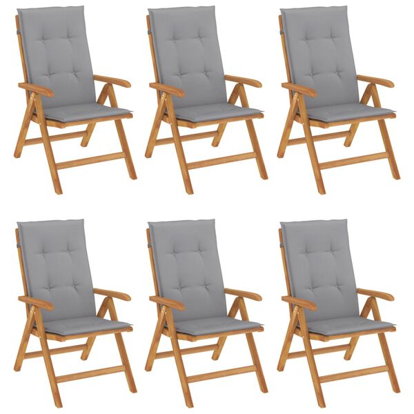 vidaXL Reclining Garden Chair Set of 6 Grey Solid teak wood Medium