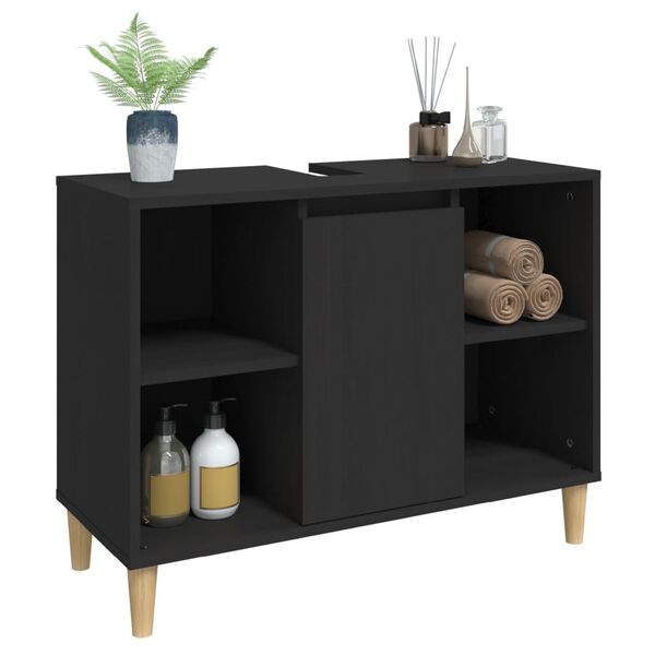 vidaXL Sink Cabinet Black Engineered wood, Solid eucalyptus wood