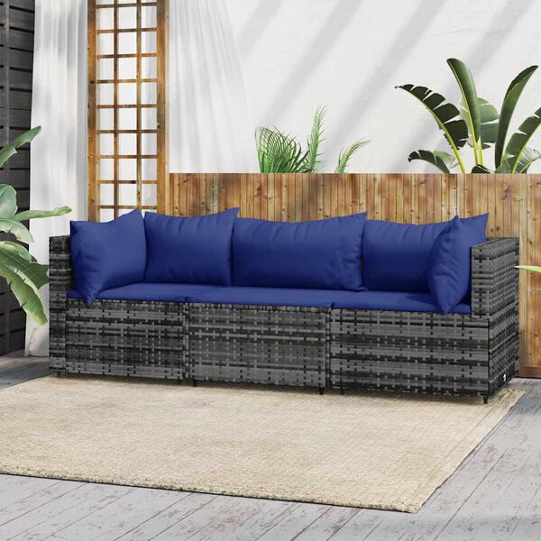 vidaXL Patio Lounge Set Gray with dark blue cushions