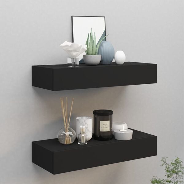 vidaXL Drawer Shelf Set of 2 Black MDF, Metal 23.6x9.3x3.9 in