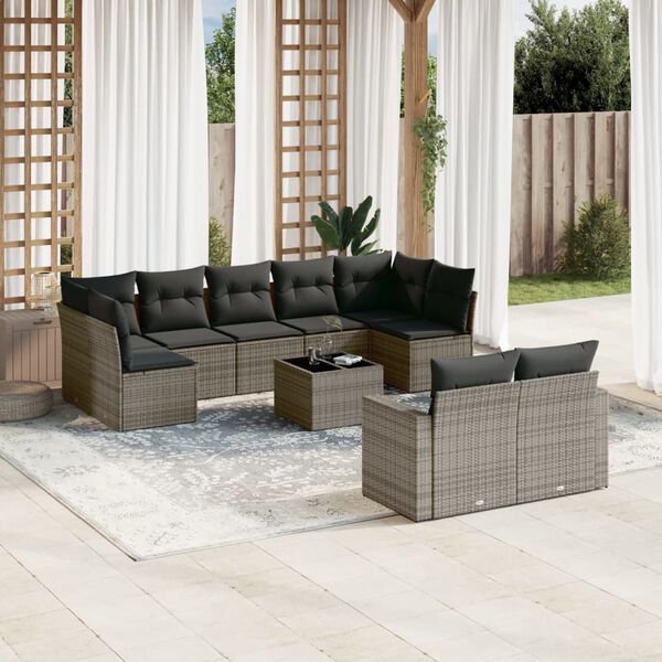 vidaXL Garden Sofa Set Grey PE Rattan, Powder-Coated Steel, Tempered Glass
