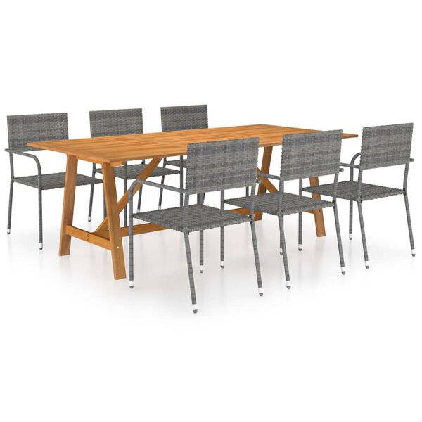 vidaXL Dining Set Grey Solid Acacia wood, PE Rattan, Powder-Coated Steel