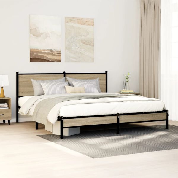 vidaXL Bed Frame Sonoma Oak Steel, Engineered Wood Double Bed Frame