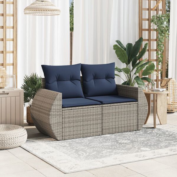 vidaXL Patio Sofa with Cushions 2-Seater Gray Poly Rattan