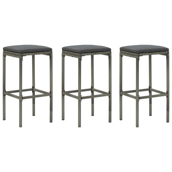 vidaXL Bar Stool Set of 3 Grey Poly Rattan Standard Footrest