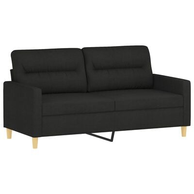 Black two-seat sofa with two back cushions, armrests, angled legs, and a metal pull-out leg support visible.
