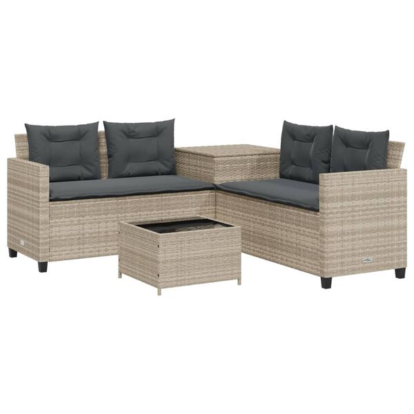 vidaXL Patio Sofa with Table and Cushions L-Shaped Light Grey Poly Rattan