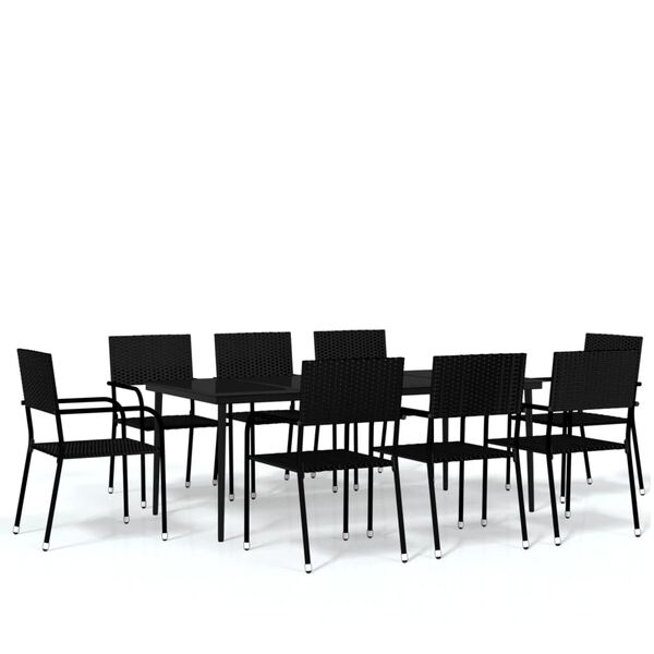 vidaXL Garden Dining Set Black Steel, PE rattan, Glass Large Stackable