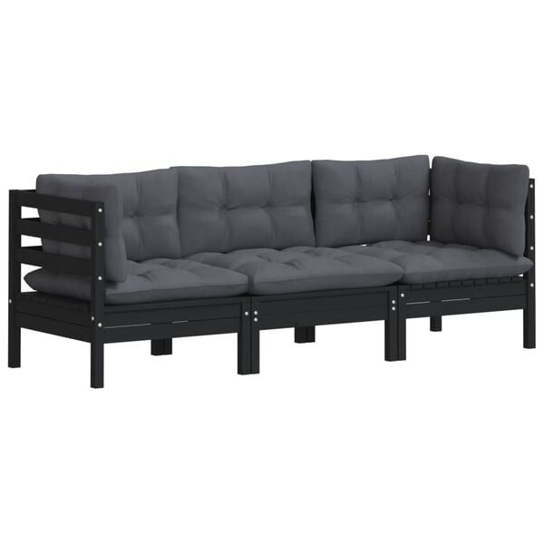 vidaXL 3-Seater Outdoor Sofa Black with Anthracite Cushions