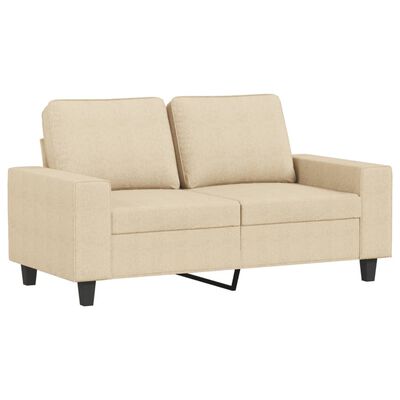 Cream-colored small loveseat with two back cushions and metal legs.
