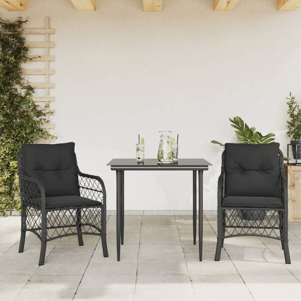vidaXL Bistro Set Black Poly Rattan, Steel, Tempered Glass, Polyester